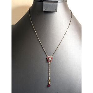 Antiqued Bronze & Gold Tone Metal Red Crystal Y Drop Necklace